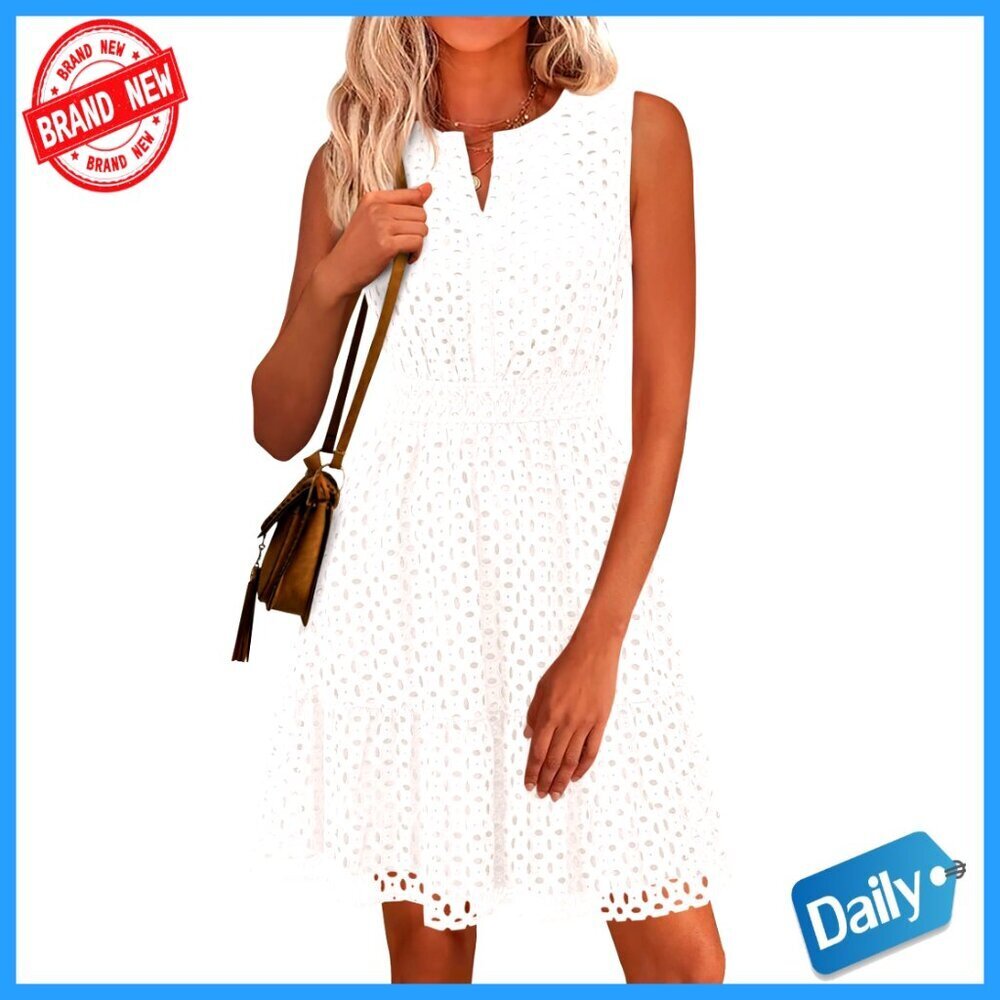 Sleeveless V-Neck Eyelet A-Line Summer Dress, Knee-Length, Elastic Waist